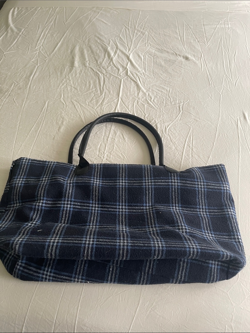 Plaid Navy Blue Tote Bag with Black Handles